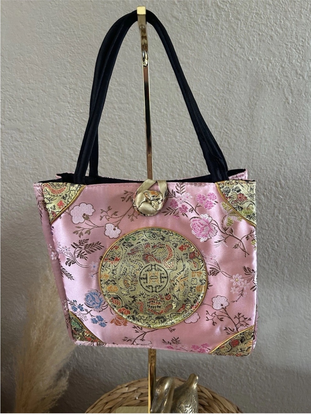 ALDO Vintage Pink Silk Brocade Small Tote Bag Asian Chinoiserie Shou Medallion